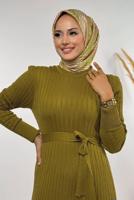 Tesettür giyim YEŞİL KUŞAKLI FİTİLLİ TRİKO ELBİSE T 91381