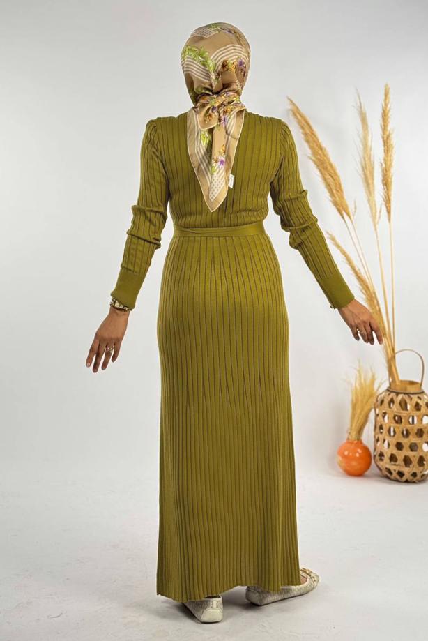 Hijab clothing GREEN BELTED RIBBED KNIT DRESS T 91381 - TRENDTESETTÜR