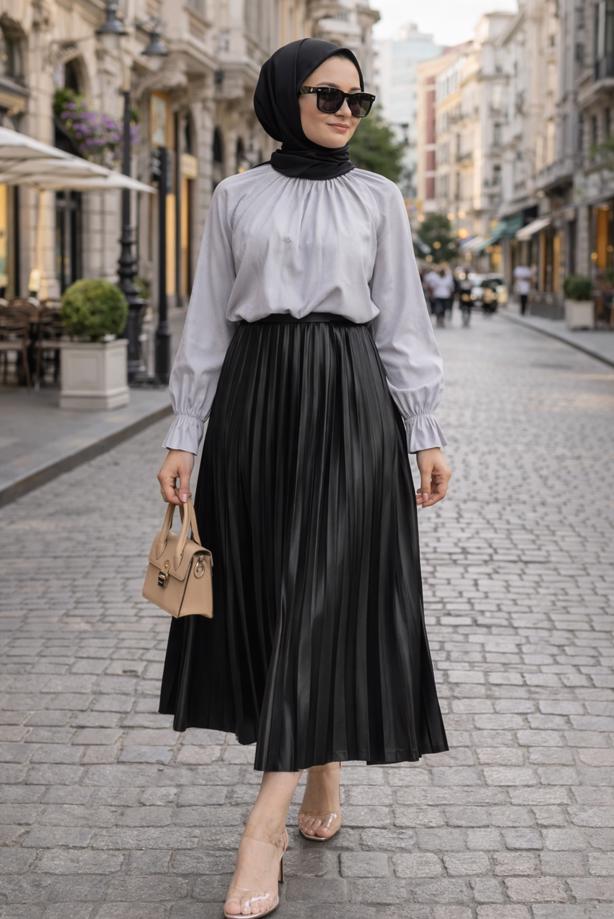 Tesettür giyim SİYAH T 0654 BN PİLİSELİ ETEK - TRENDTESETTÜR