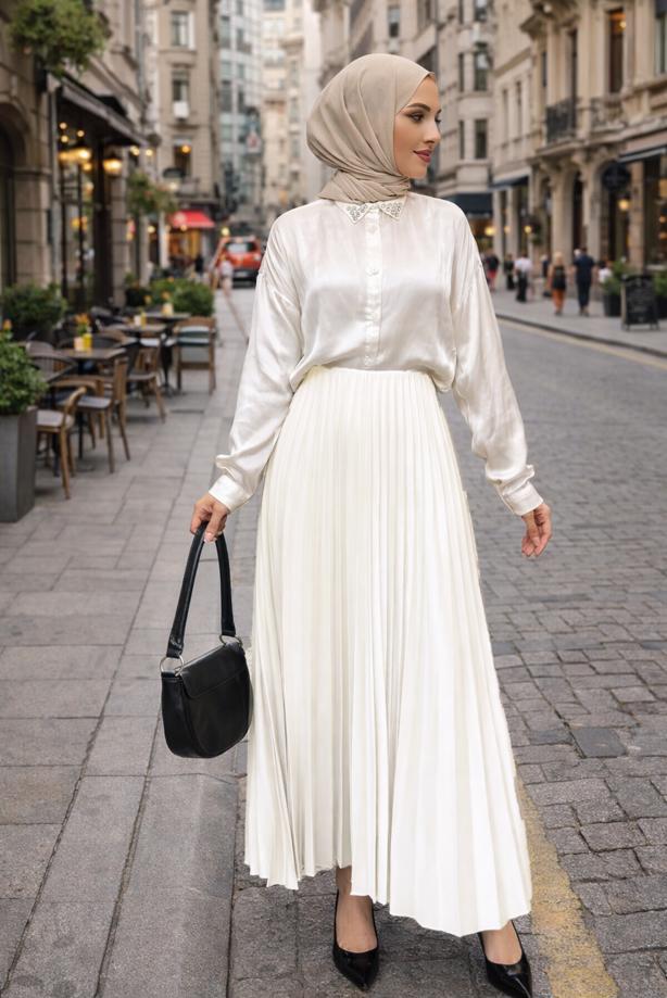 Tesettür giyim BEYAZ T 0654 BN PİLİSELİ ETEK - TRENDTESETTÜR