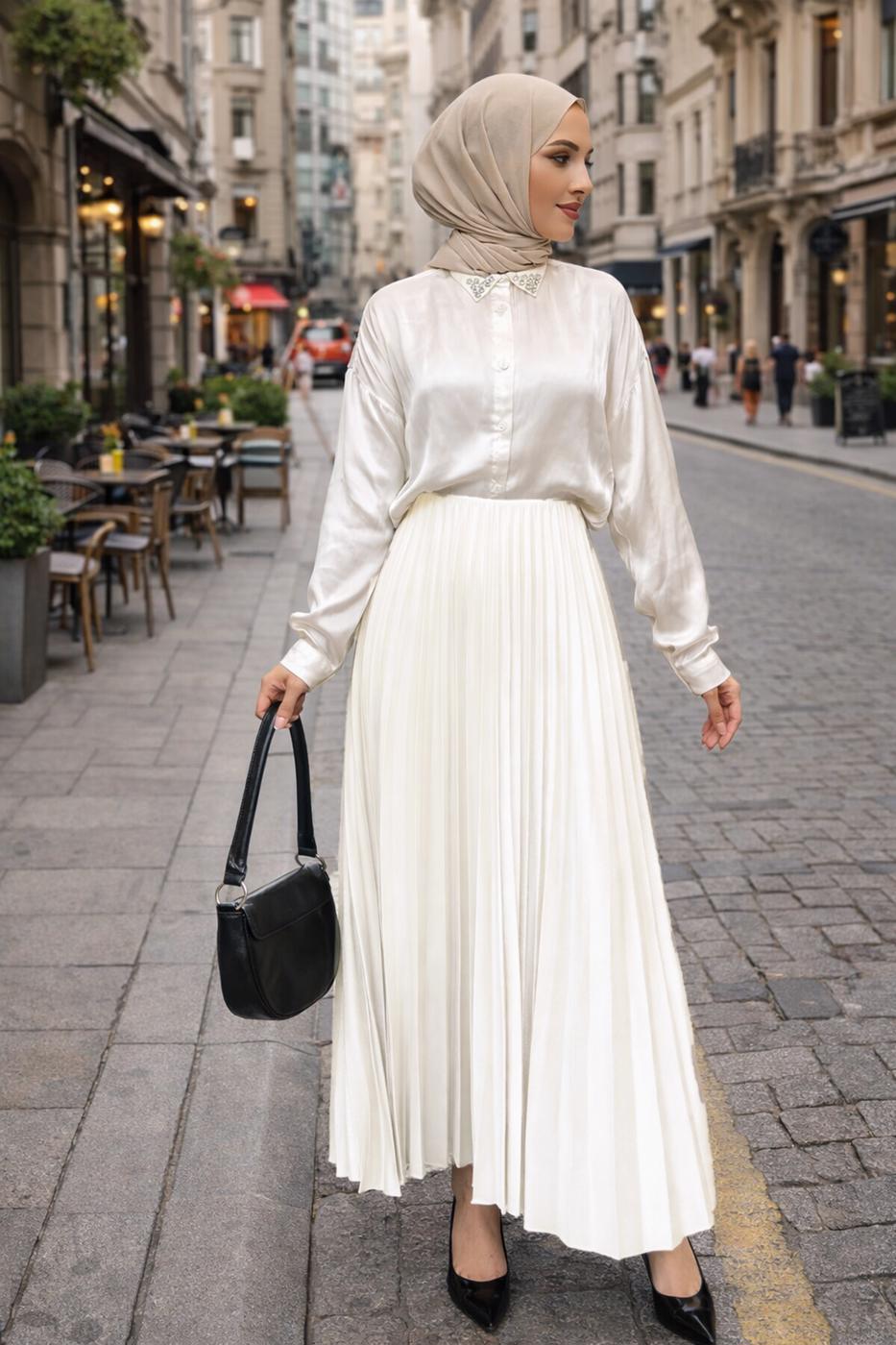 Tesettür giyim BEYAZ PİLİSELİ ETEK T 0654