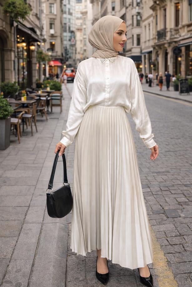 Tesettür giyim EKRU T 0654 BN PİLİSELİ ETEK - TRENDTESETTÜR