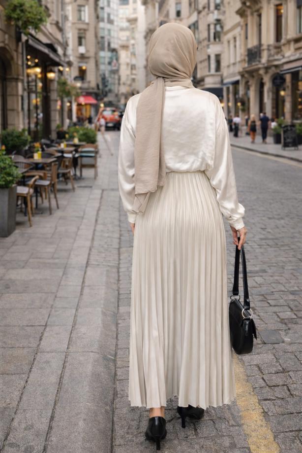 Tesettür giyim EKRU T 0654 BN PİLİSELİ ETEK - TRENDTESETTÜR