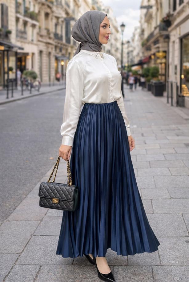 Tesettür giyim LACİVERT PİLİSELİ ETEK T 0654 - TRENDTESETTÜR