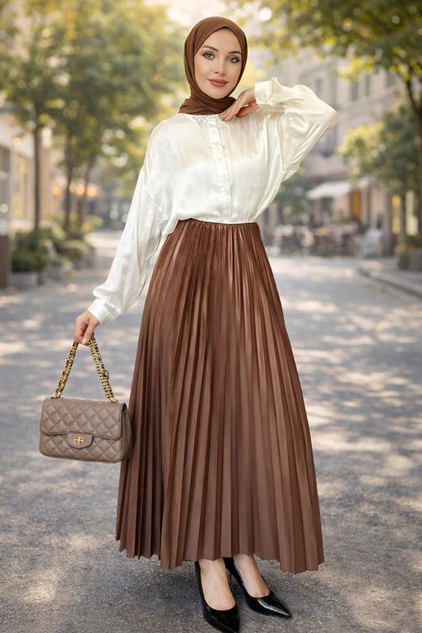 Tesettür giyim TABA T 0654 BN PİLİSELİ ETEK - TRENDTESETTÜR