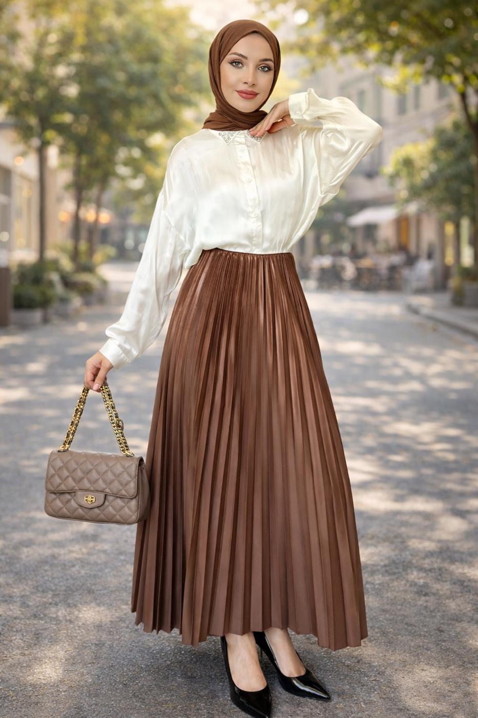 Tesettür giyim TABA PİLİSELİ ETEK T 0654