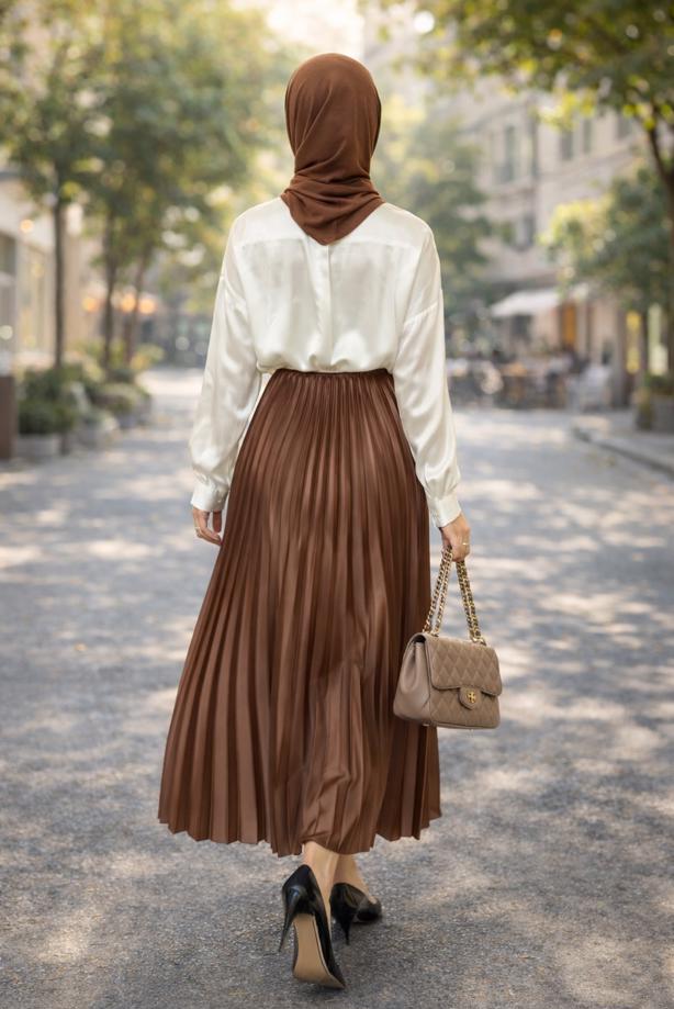 Tesettür giyim TABA T 0654 BN PİLİSELİ ETEK - TRENDTESETTÜR