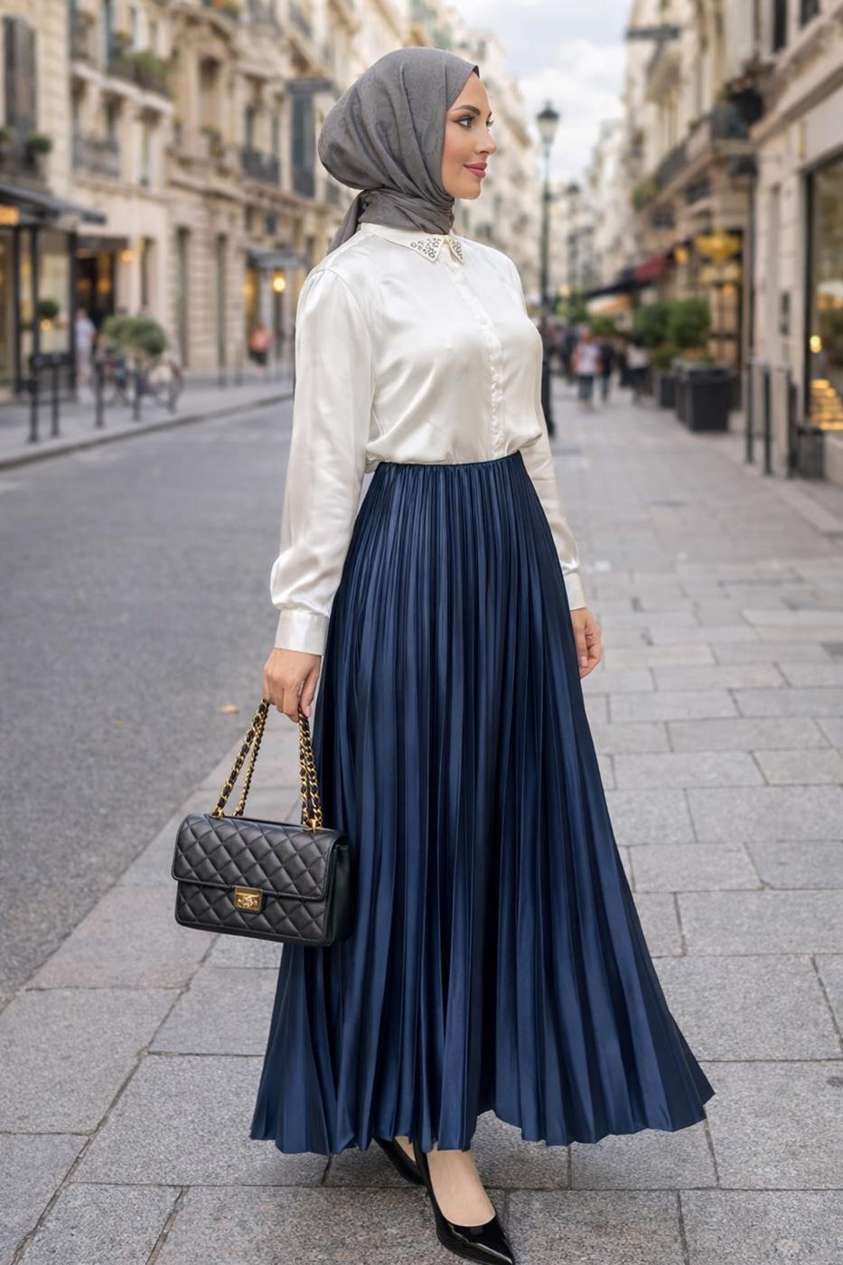 Tesettür giyim LACİVERT PİLİSELİ ETEK T 0654