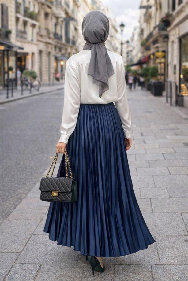 Tesettür giyim LACİVERT T 0654 BN PİLİSELİ ETEK - TRENDTESETTÜR