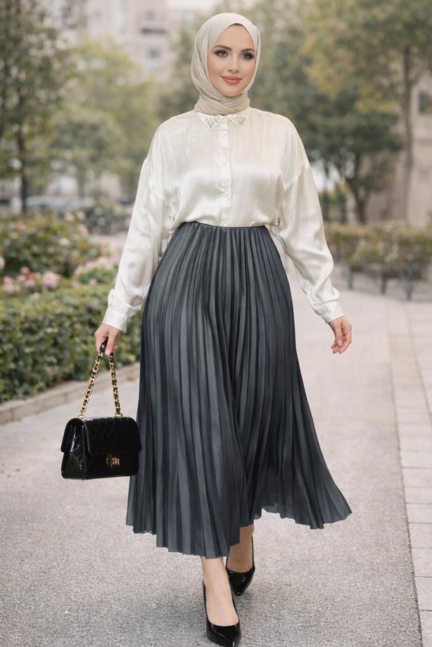 Tesettür giyim GRİ T 0654 BN PİLİSELİ ETEK - TRENDTESETTÜR