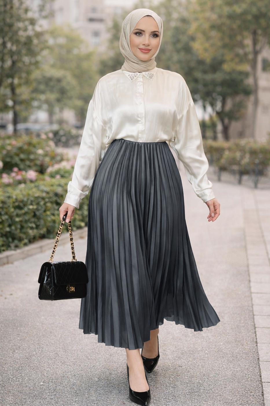 Tesettür giyim GRİ PİLİSELİ ETEK T 0654