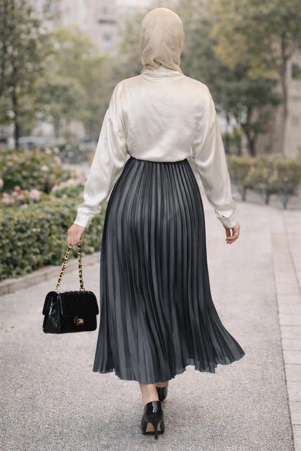 Tesettür giyim GRİ T 0654 BN PİLİSELİ ETEK - TRENDTESETTÜR