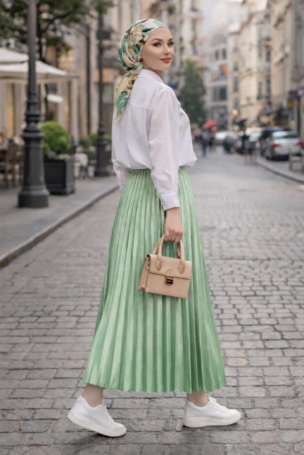 Tesettür giyim YEŞİL T 0654 BN PİLİSELİ ETEK - TRENDTESETTÜR