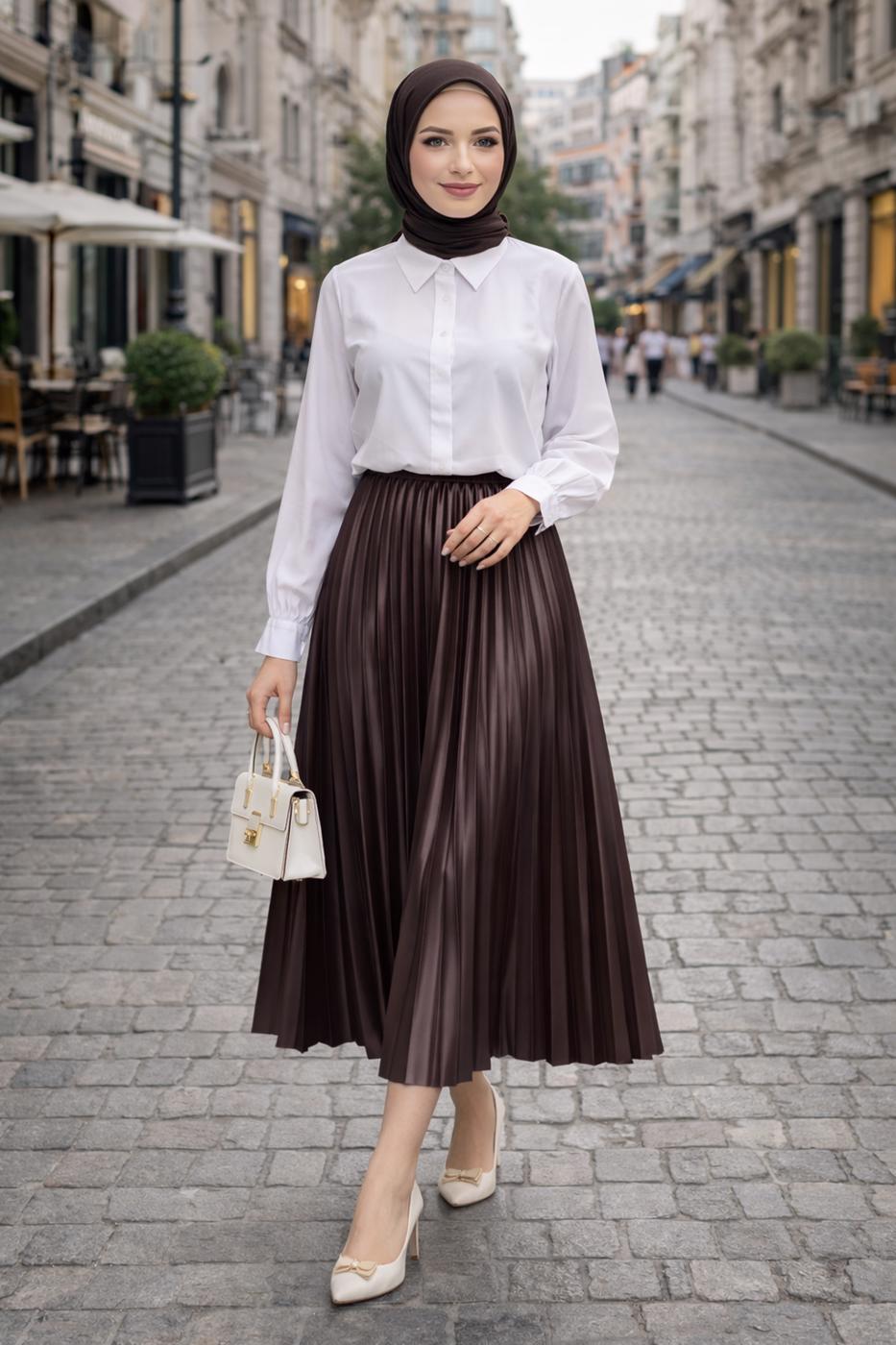 Tesettür giyim KAHVE PİLİSELİ ETEK T 0654