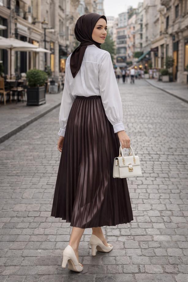 Tesettür giyim KAHVE T 0654 BN PİLİSELİ ETEK - TRENDTESETTÜR