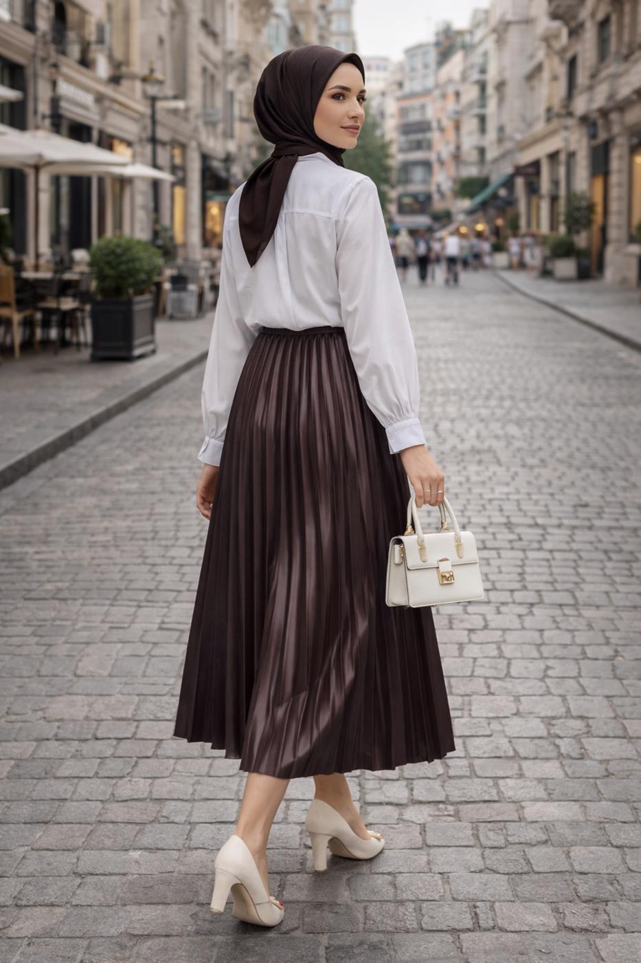 Tesettür giyim KAHVE PİLİSELİ ETEK T 0654