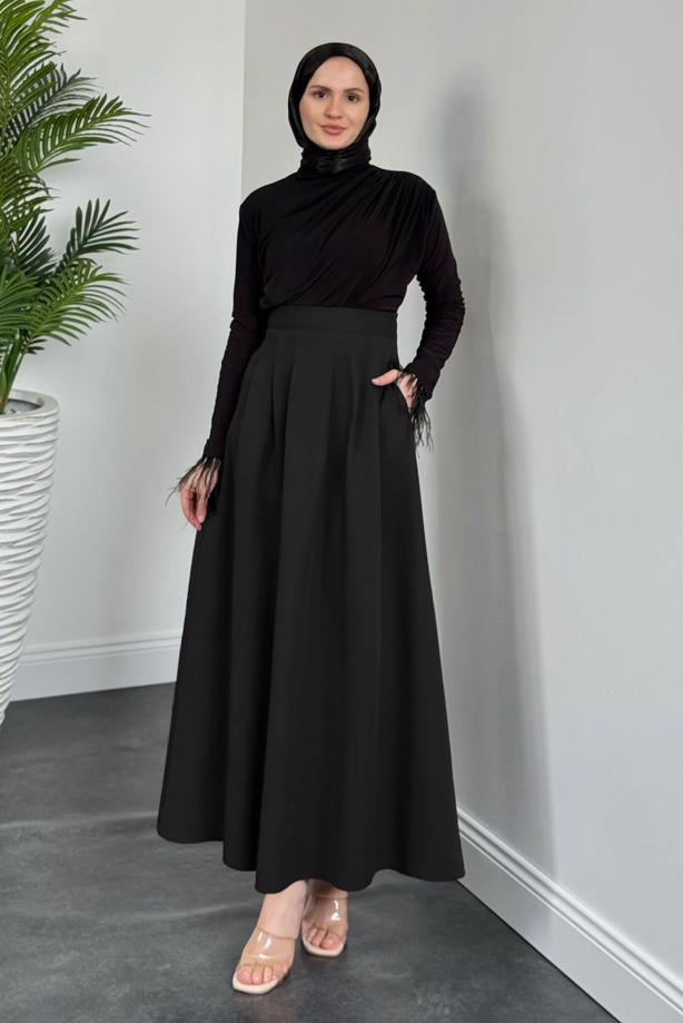 Hijab clothing BLACK PLEATED POCKET SKIRT T 2126 - TRENDTESETTÜR