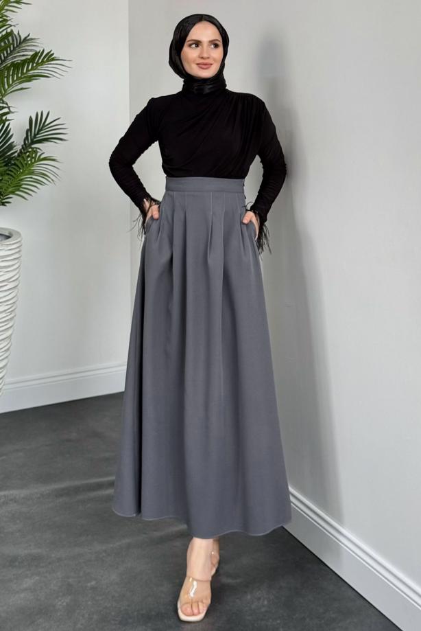 Hijab clothing GREY PLEATED POCKET SKIRT T 2126 - TRENDTESETTÜR