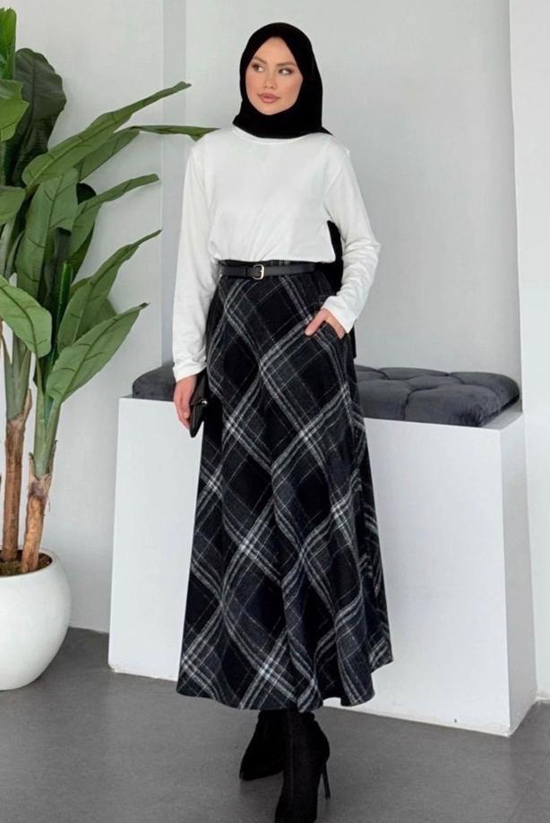 Tesettür giyim SİYAH EKOSE ETEK T 4205 - TRENDTESETTÜR