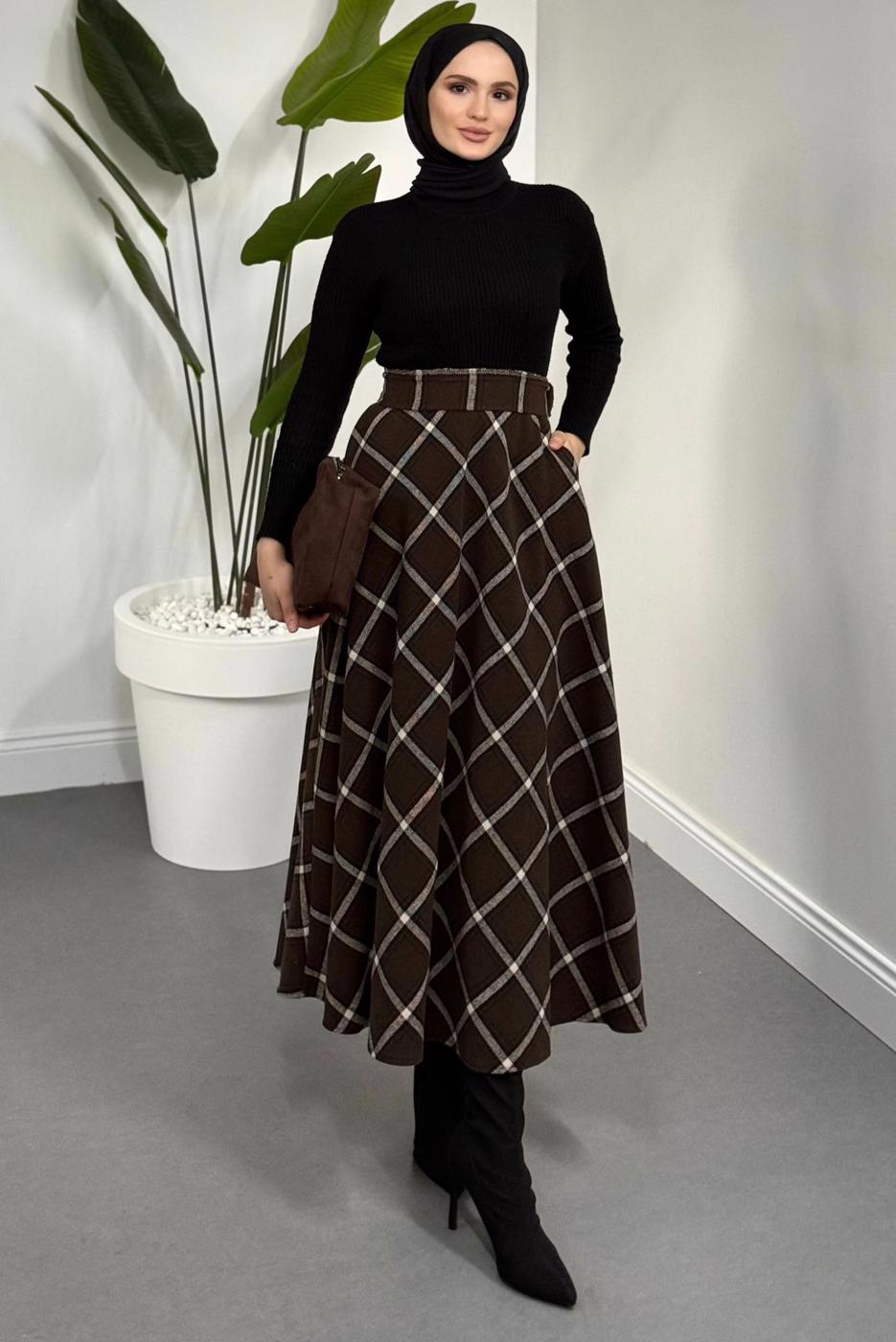 Tesettür giyim KAHVE EKOSE ETEK T 4205