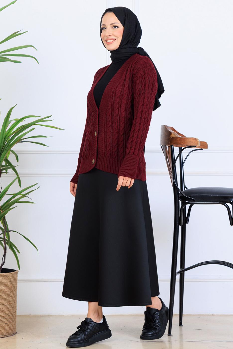 Tesettür giyim BORDO TRİKO HIRKA T 0004