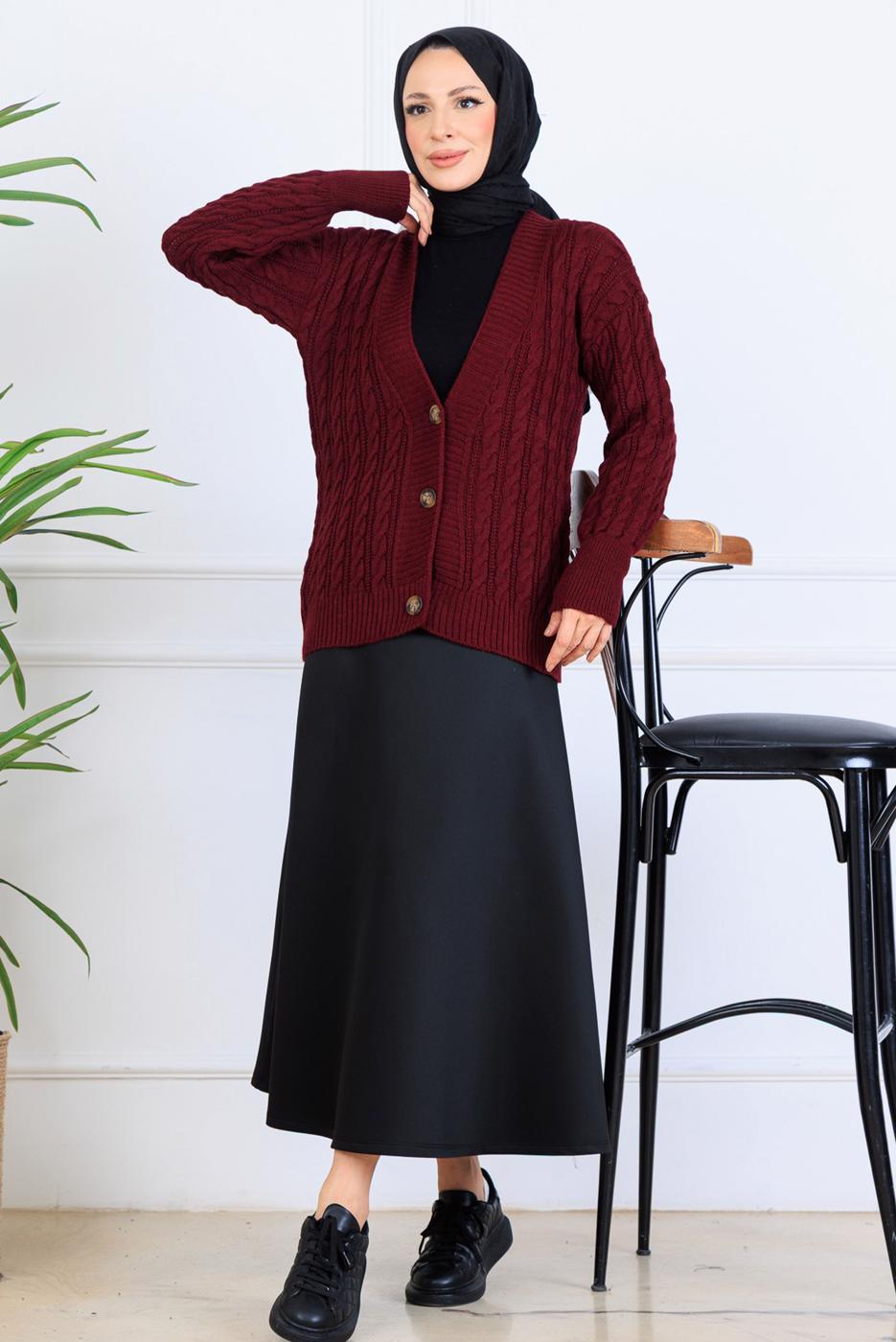 Tesettür giyim BORDO TRİKO HIRKA T 0004