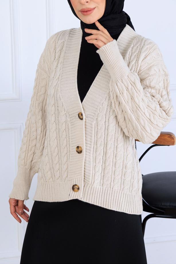 Tesettür giyim BEJ T 0004 BN TRİKO HIRKA - TRENDTESETTÜR