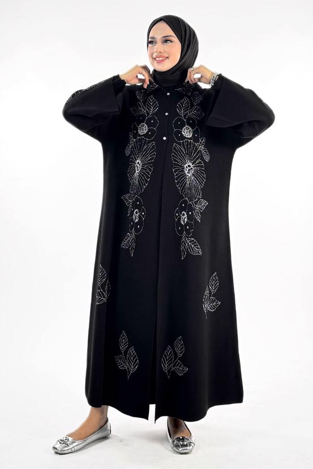 Tesettür giyim SİYAH ÇİÇEK DESENLİ TRİKO HIRKA T 01381 - TRENDTESETTÜR