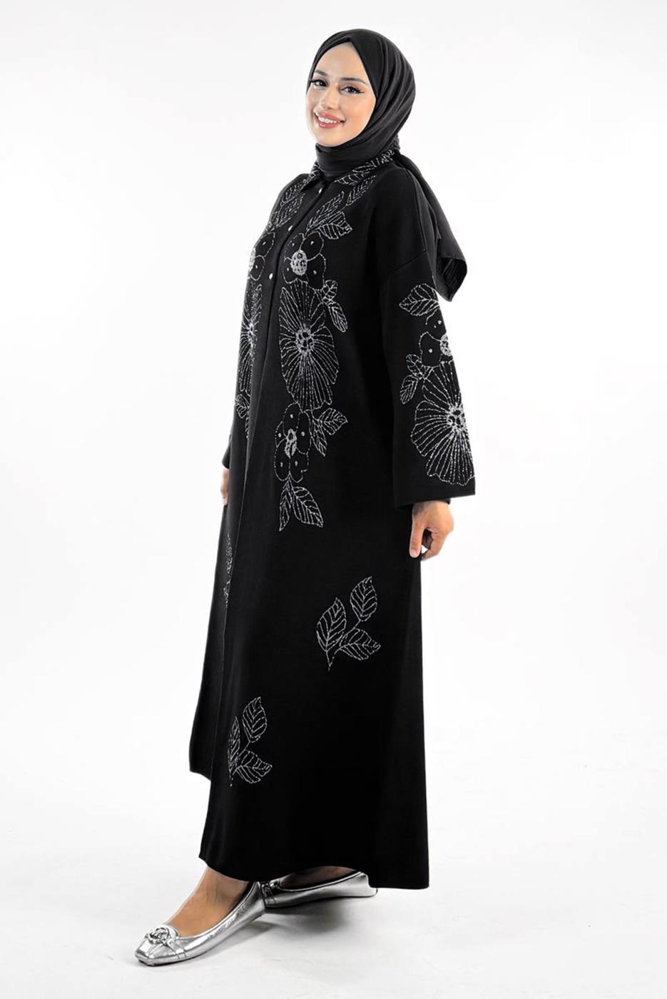 Tesettür giyim SİYAH ÇİÇEK DESENLİ TRİKO HIRKA T 01381