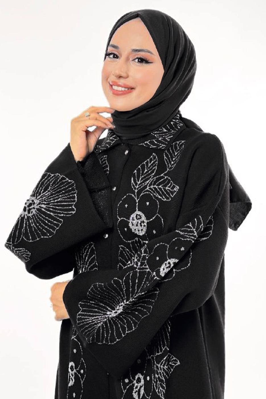 Tesettür giyim SİYAH ÇİÇEK DESENLİ TRİKO HIRKA T 01381