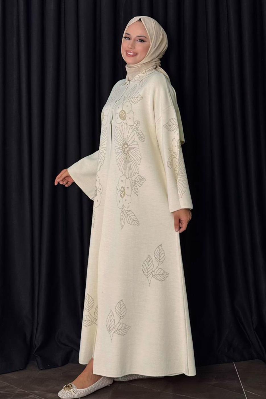 Tesettür giyim BEJ ÇİÇEK DESENLİ TRİKO HIRKA T 01381