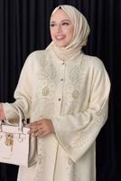 Tesettür giyim BEJ ÇİÇEK DESENLİ TRİKO HIRKA T 01381