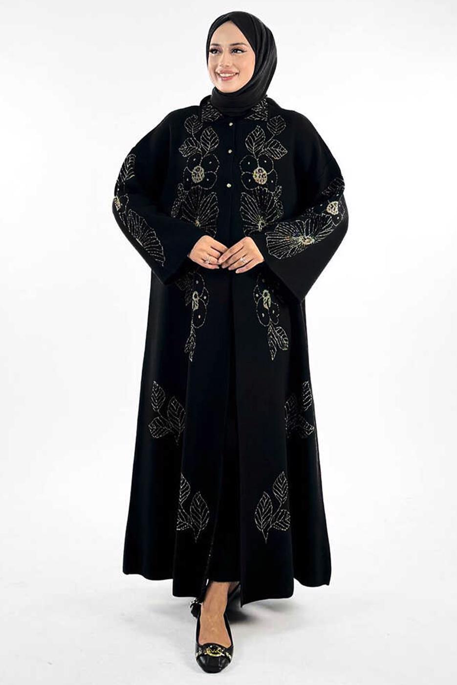 Vêtements hijab NOIR CARDIGAN EN MAILLE À MOTIFS FLORAUX T 01381
