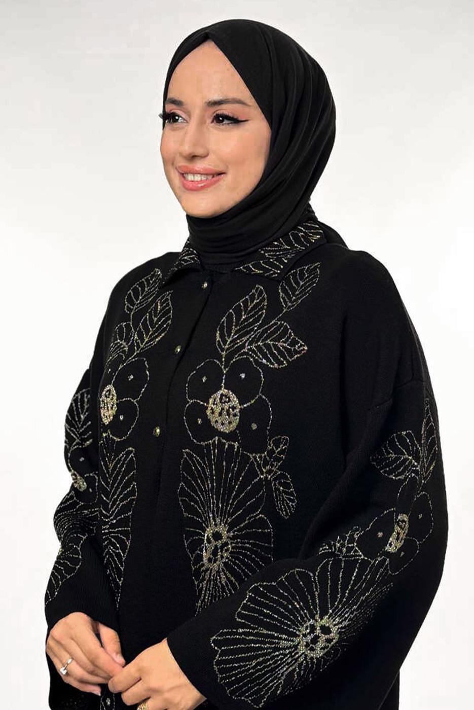 Vêtements hijab NOIR CARDIGAN EN MAILLE À MOTIFS FLORAUX T 01381