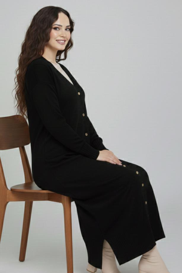 Hijab clothing BLACK V-NECK LONG CARDIGAN T 0523 - TRENDTESETTÜR