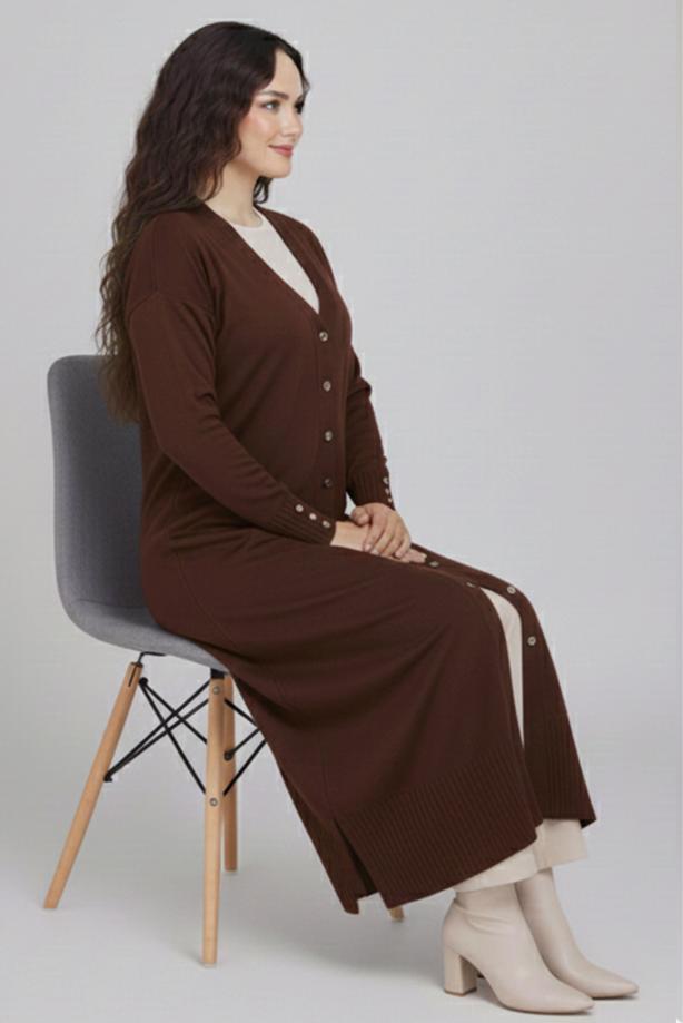 Tesettür giyim KAHVE V-YAKA UZUN HIRKA T 0523 - TRENDTESETTÜR