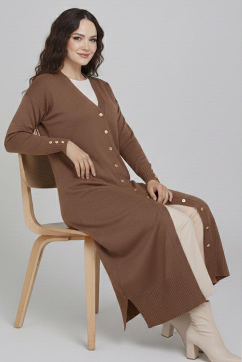 Tesettür giyim VİZON V-YAKA UZUN HIRKA T 0523