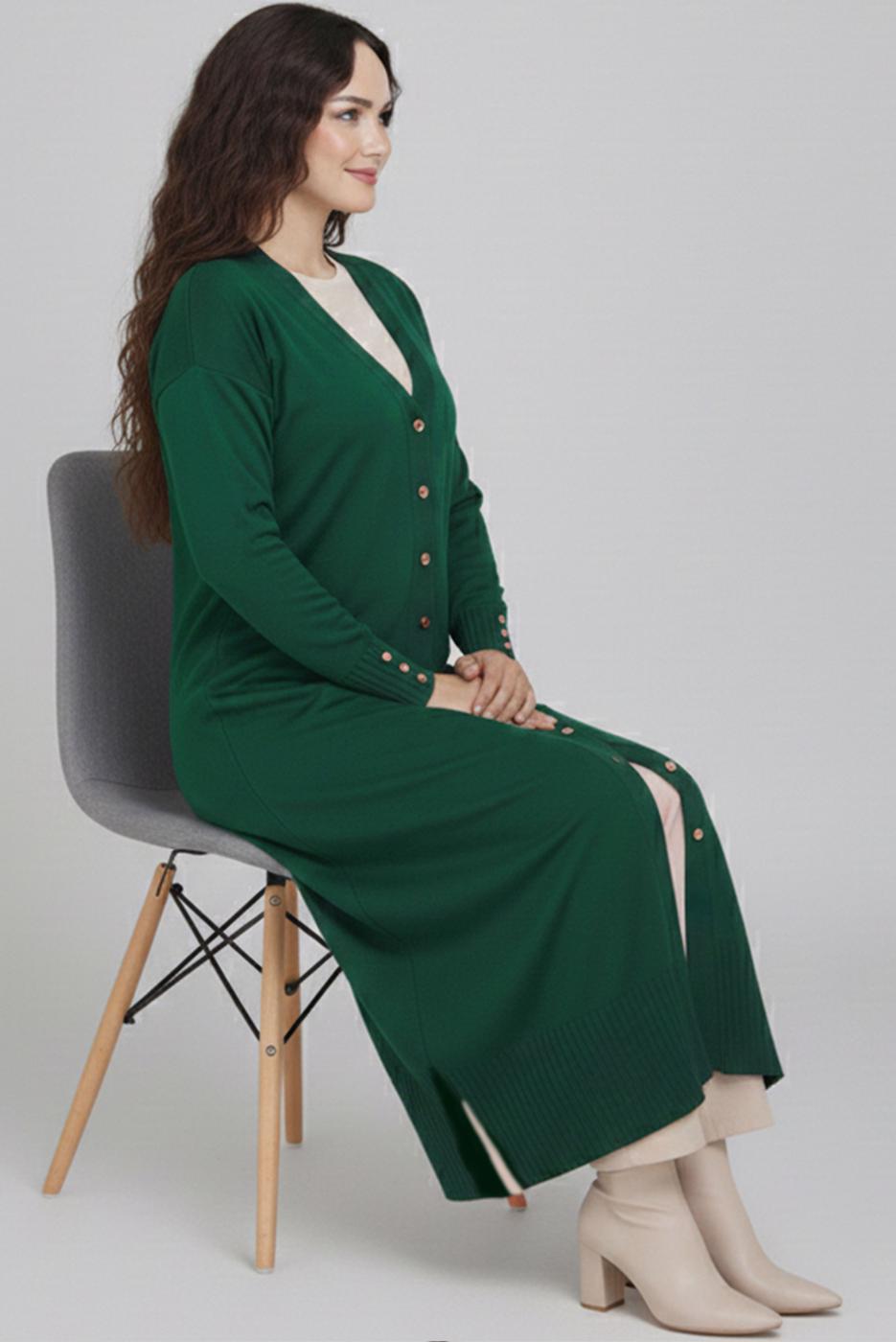 Tesettür giyim YEŞİL V-YAKA UZUN HIRKA T 0523