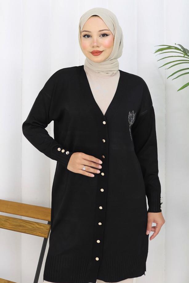 Hijab clothing BLACK T 0623 BN UZUN MERSERİZE HIRKA - TRENDTESETTÜR