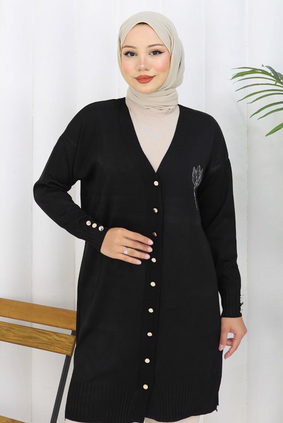 Hijab clothing BLACK T 0623 BN UZUN MERSERİZE HIRKA