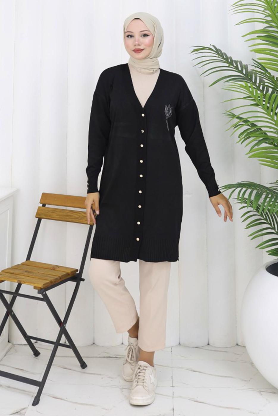 Hijab clothing BLACK T 0623 BN UZUN MERSERİZE HIRKA