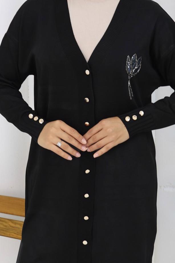 Hijab clothing BLACK T 0623 BN UZUN MERSERİZE HIRKA - TRENDTESETTÜR