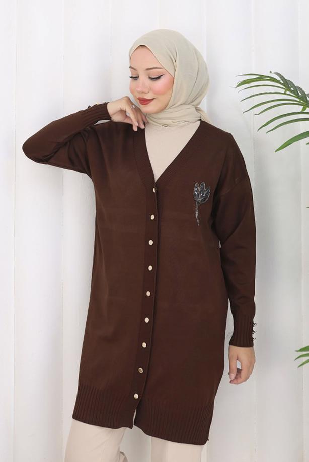 Hijab clothing BROWN T 0623 BN UZUN MERSERİZE HIRKA - TRENDTESETTÜR