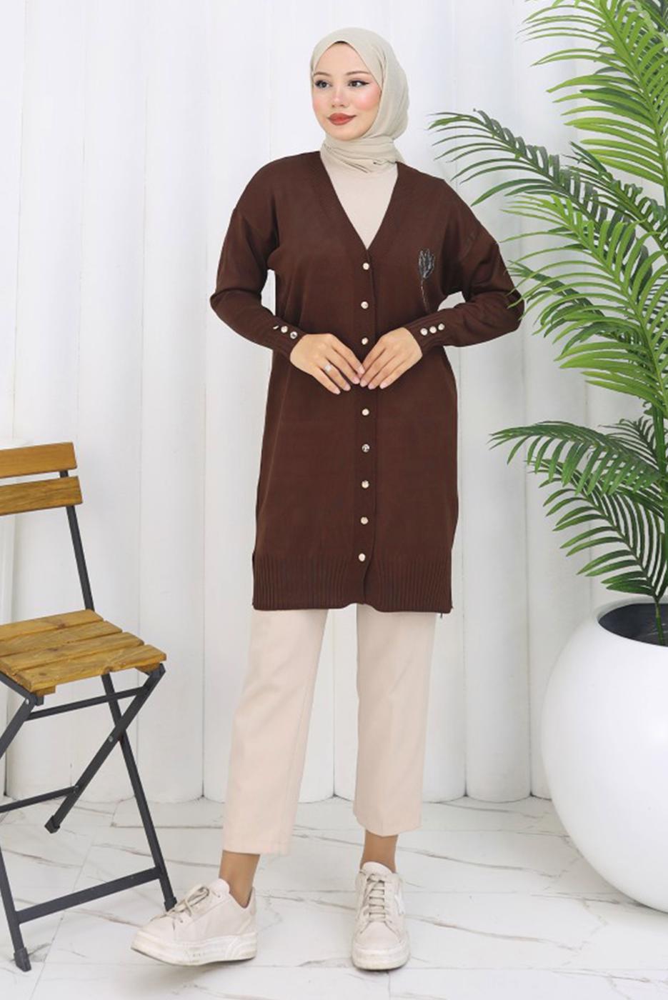 Hijab clothing BROWN T 0623 BN UZUN MERSERİZE HIRKA