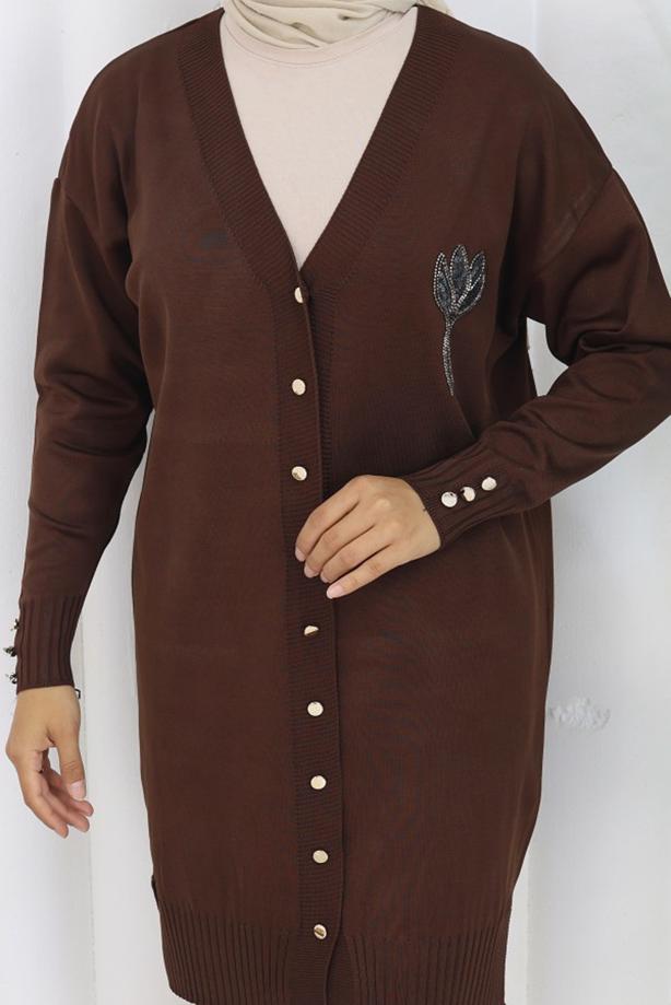 Hijab clothing BROWN T 0623 BN UZUN MERSERİZE HIRKA - TRENDTESETTÜR