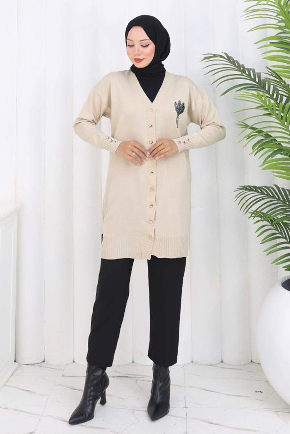 Hijab clothing BEIGE T 0623 BN UZUN MERSERİZE HIRKA