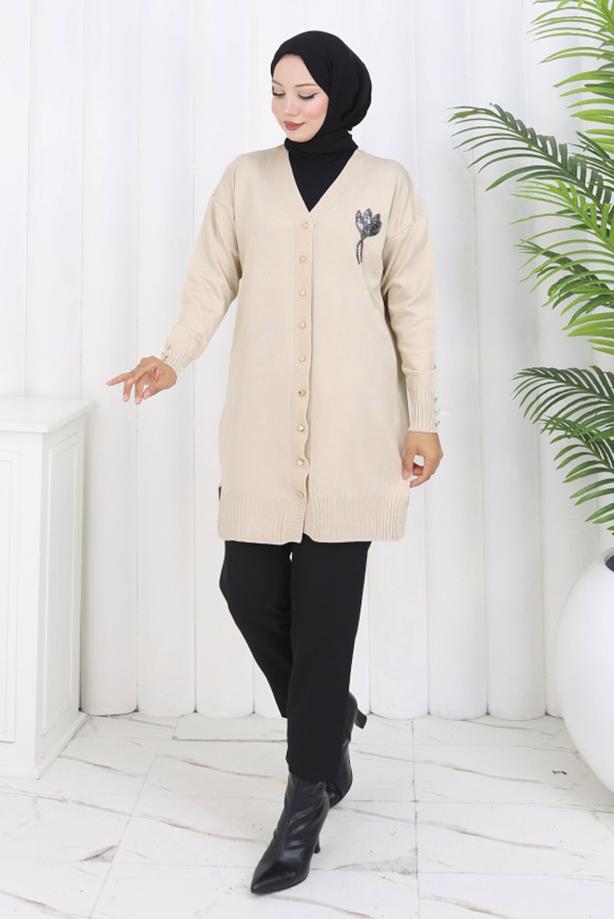 Hijab clothing BEIGE T 0623 BN UZUN MERSERİZE HIRKA - TRENDTESETTÜR