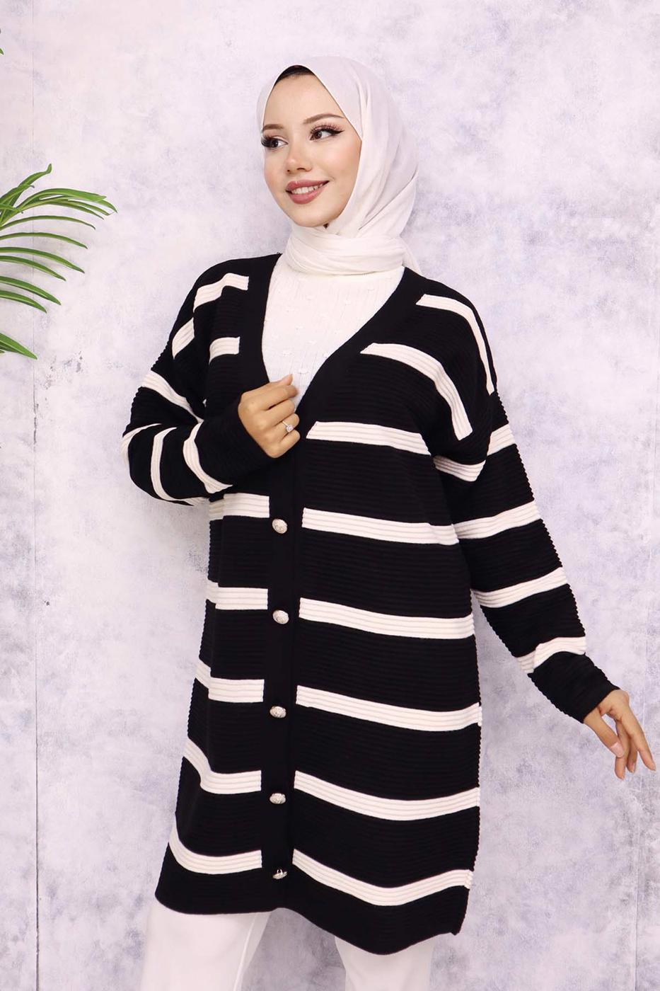 Tesettür giyim SİYAH ÇİZGİLİ HIRKA T 0903