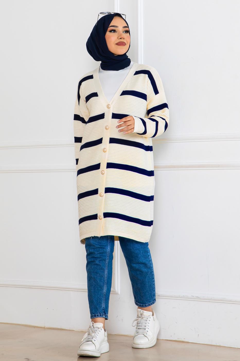 Tesettür giyim KREM ÇİZGİLİ HIRKA T 0903