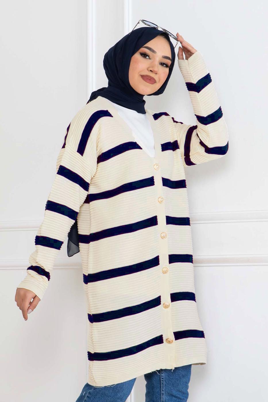 Tesettür giyim KREM ÇİZGİLİ HIRKA T 0903